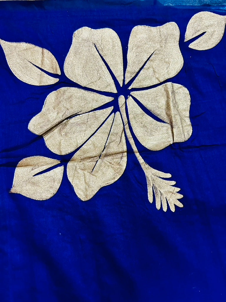 Blue  Mul Cotton Hand Painted Hibiscus Print Sare