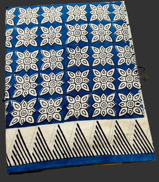 Inigo and white cotton hand block printed saree