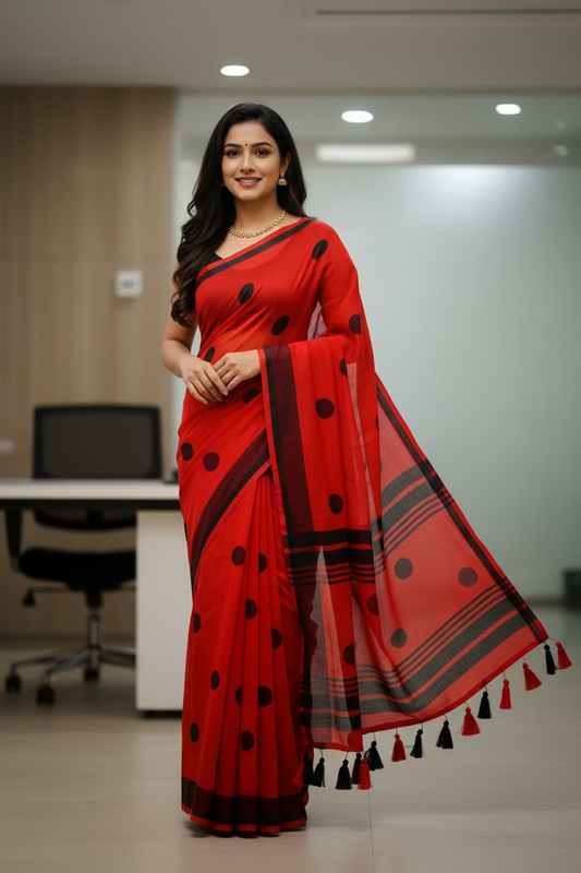 Red  mul cotton with black polka dots saree