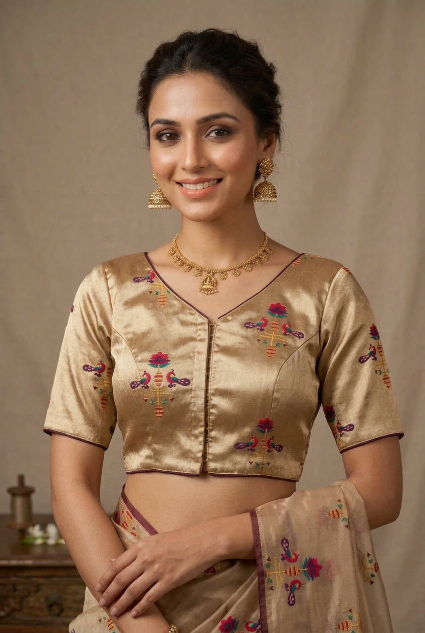 Golden Tissue Paithani print Blouse  Maroon