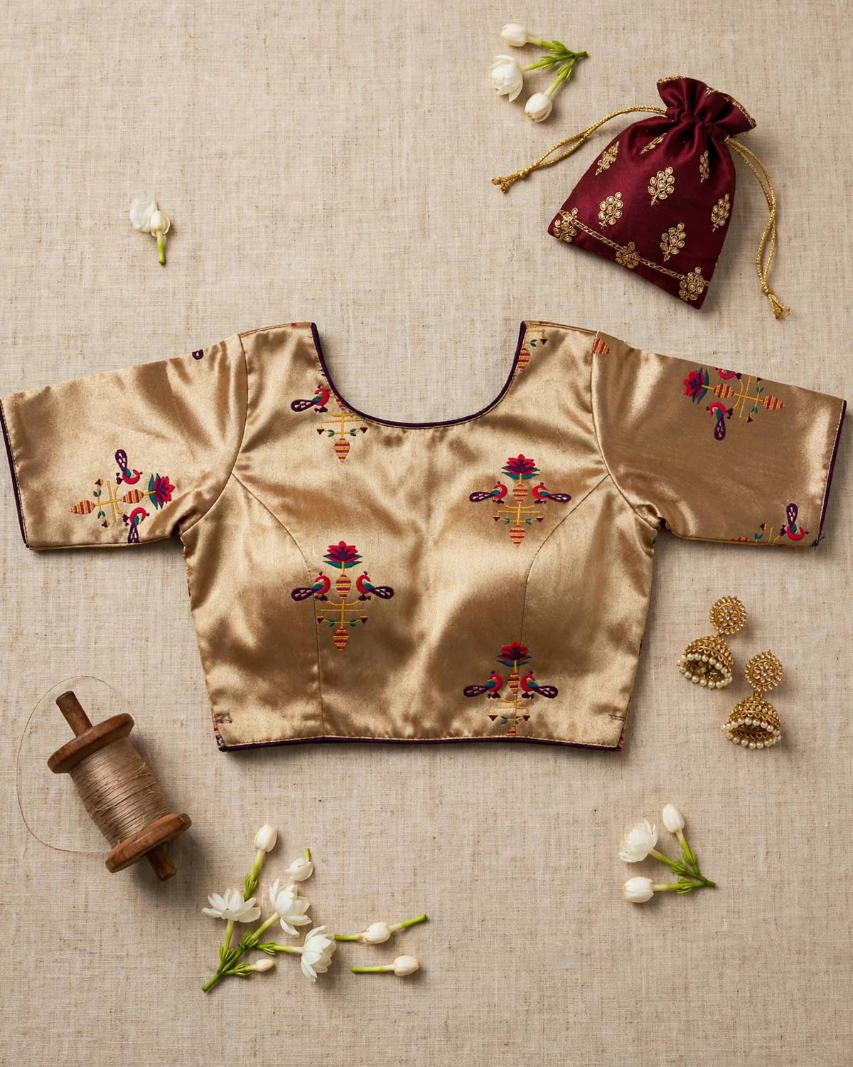 Golden Tissue Paithani print Blouse  Maroon