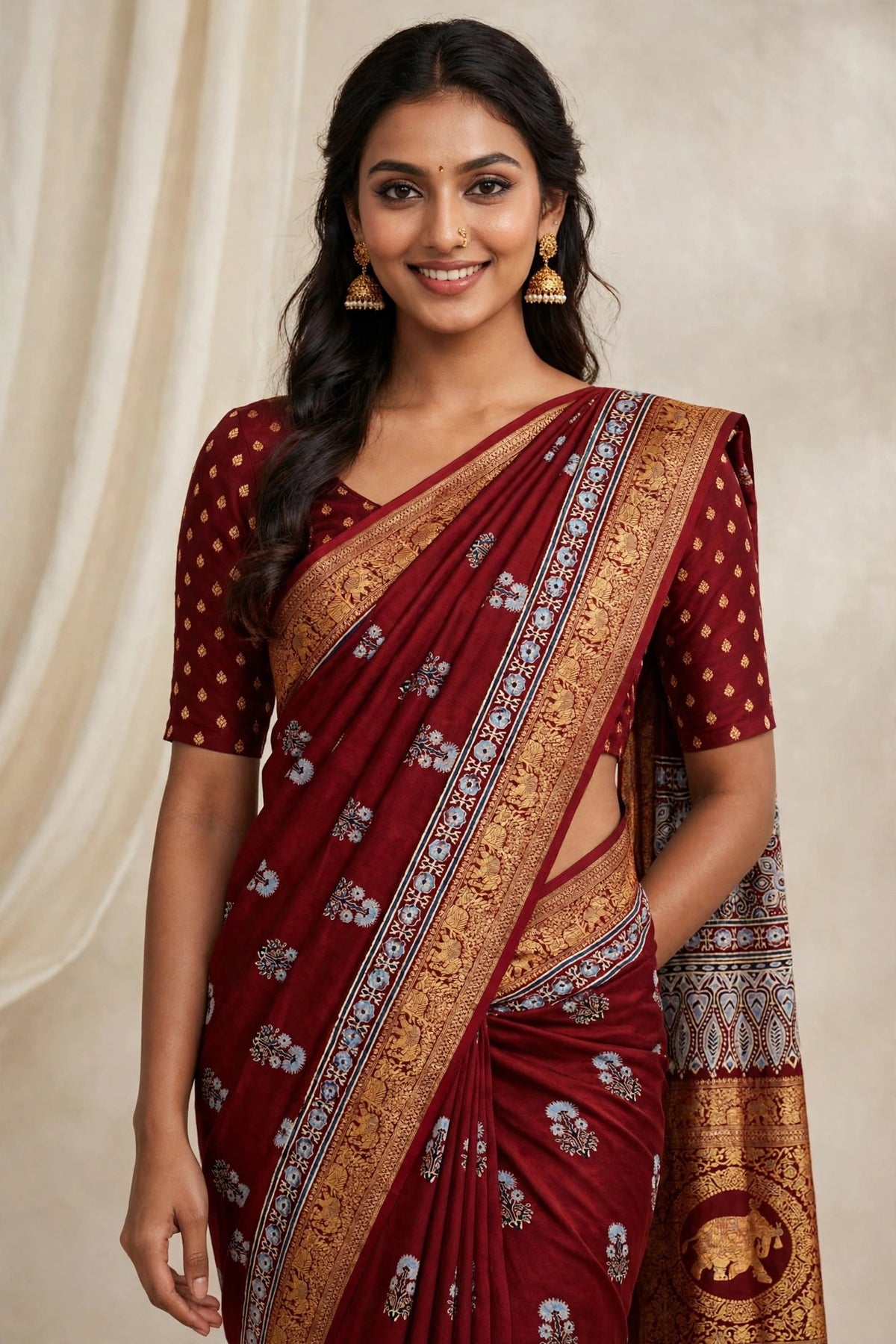 Maroon Ajrak Dola Silk Saree