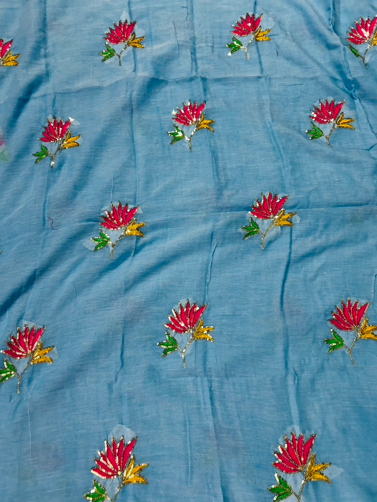 Blue Mul Cotton Sare with Lotus Sequence Motive