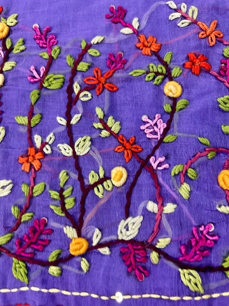 Lavender Mul Cotton Hand Embroidered Saree