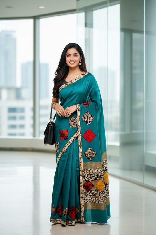 Teal blue patch work cotton seeko saree