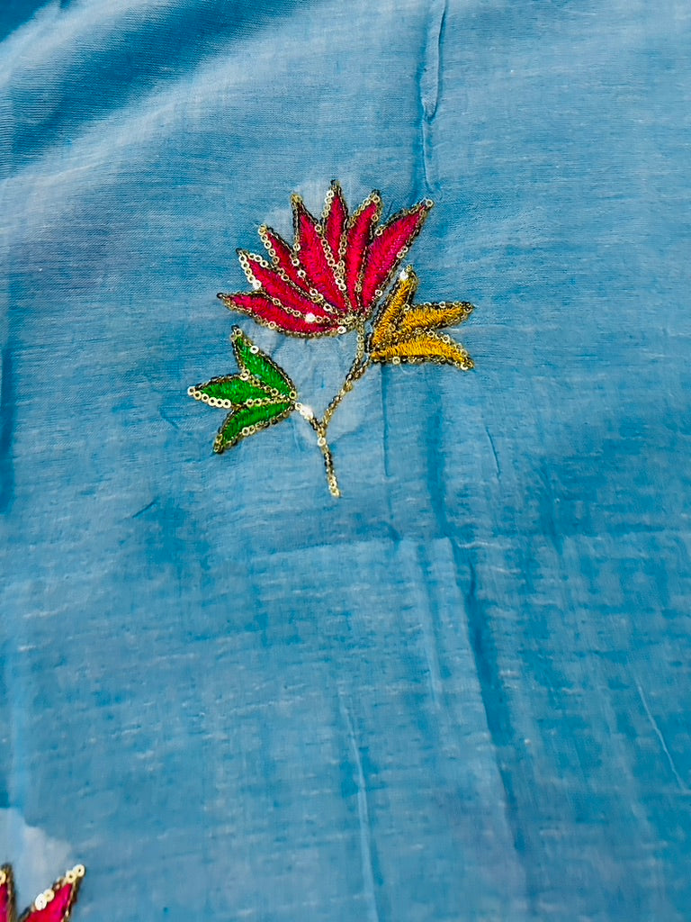 Blue Mul Cotton Sare with Lotus Sequence Motive