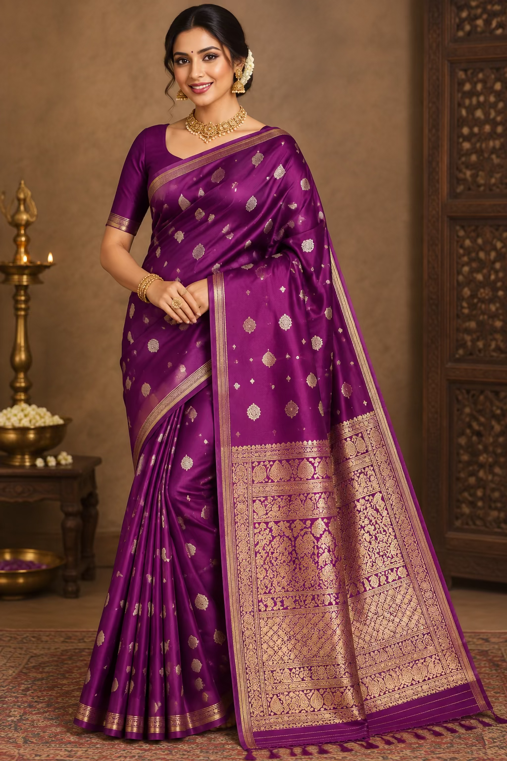 Wine Gajji Silk Semi Silk Saree with line and buti