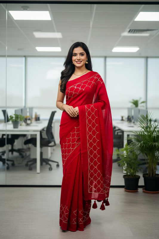 Red Sequenced Mul Cotton Sari