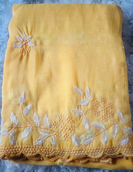 Yellow embroidered light weight Saree