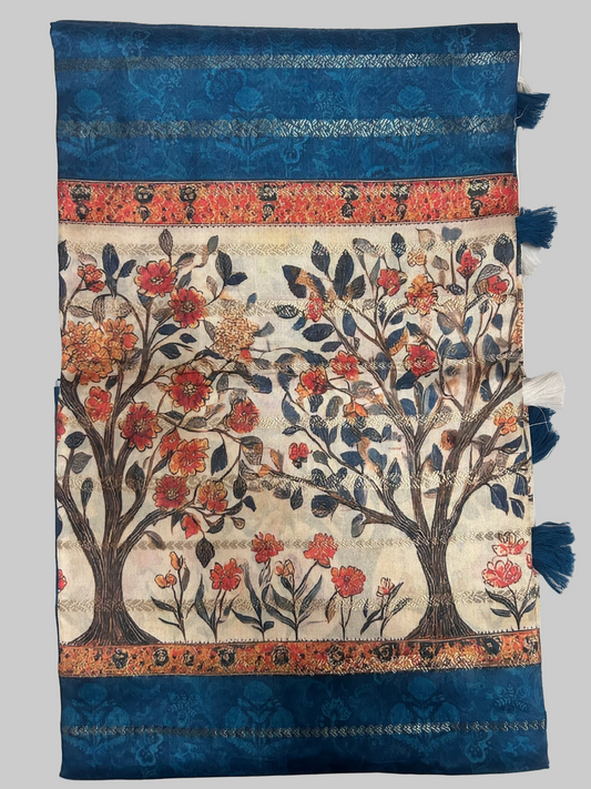 TEAL BLUE  KALAMAKARI PRINT SAREE