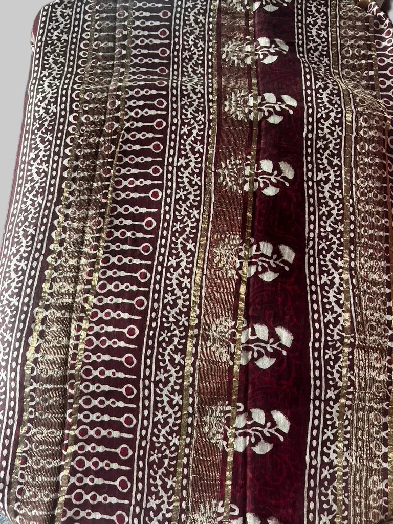 Brown Maheshwari Handblock Printed Cotton Silk Saree
