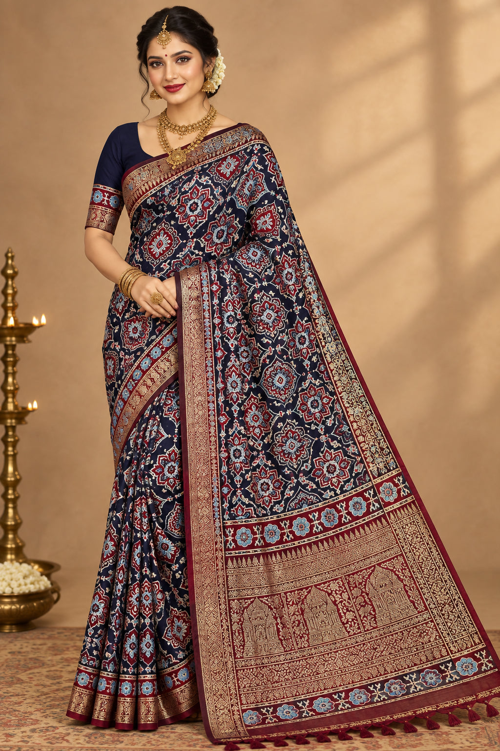 Blue Ajrak Dola Silk Saree