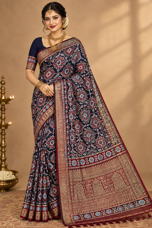 Blue Ajrak Dola Silk Saree