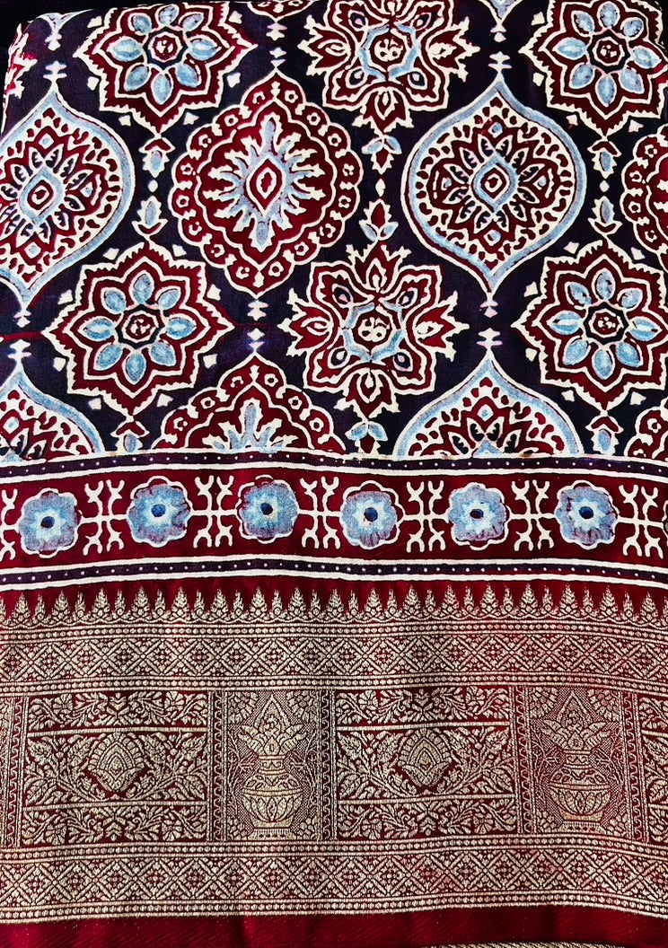 Blue Ajrak Badam buti Dola Silk Saree
