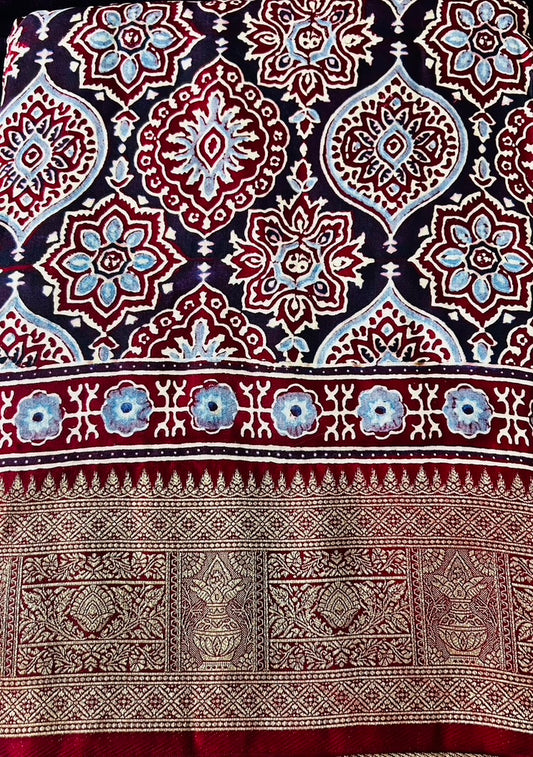 Blue Ajrak Badam buti Dola Silk Saree