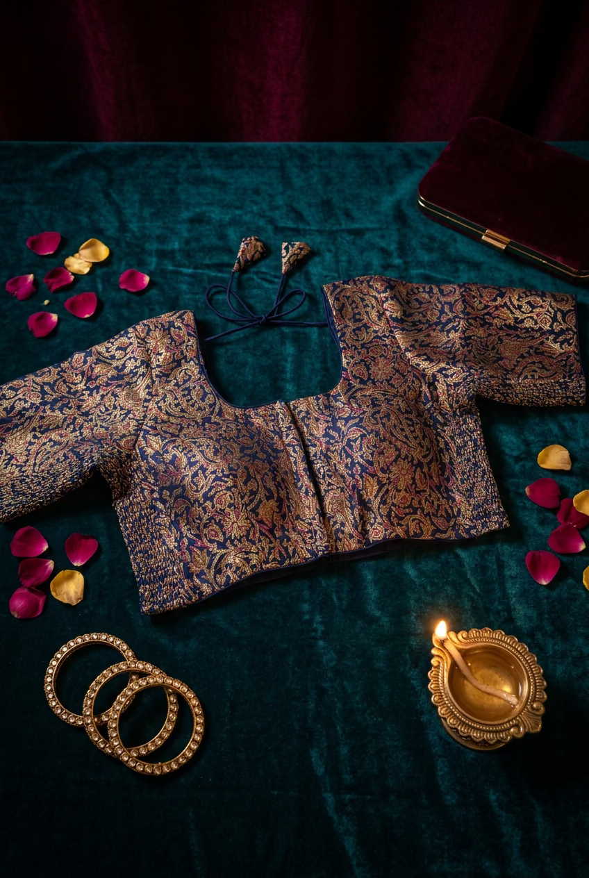 Beige Cotton Kalmkari Side Elastic Blouse