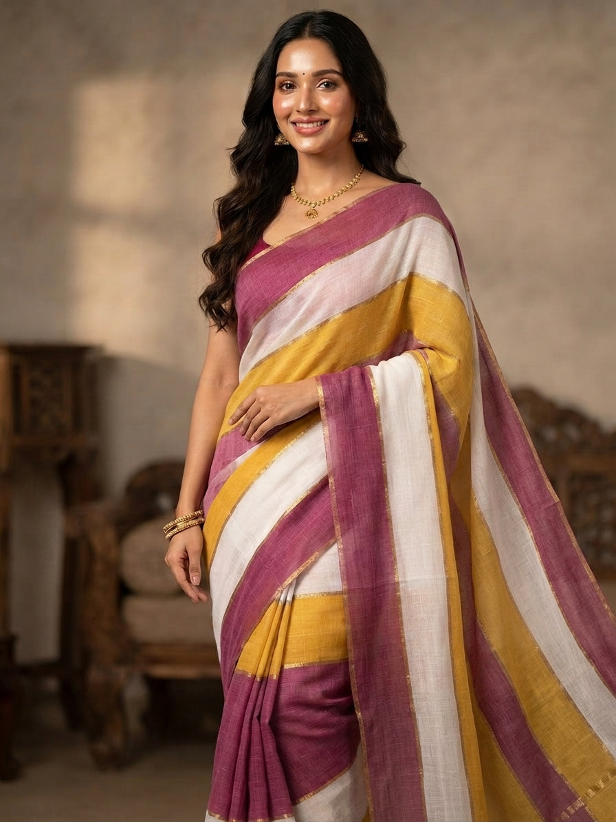 Pink Rainbow Mul Cotton  Saree