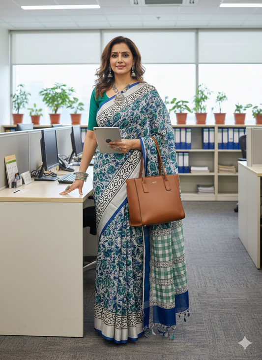 White and blue floral print handblock printed linen saree