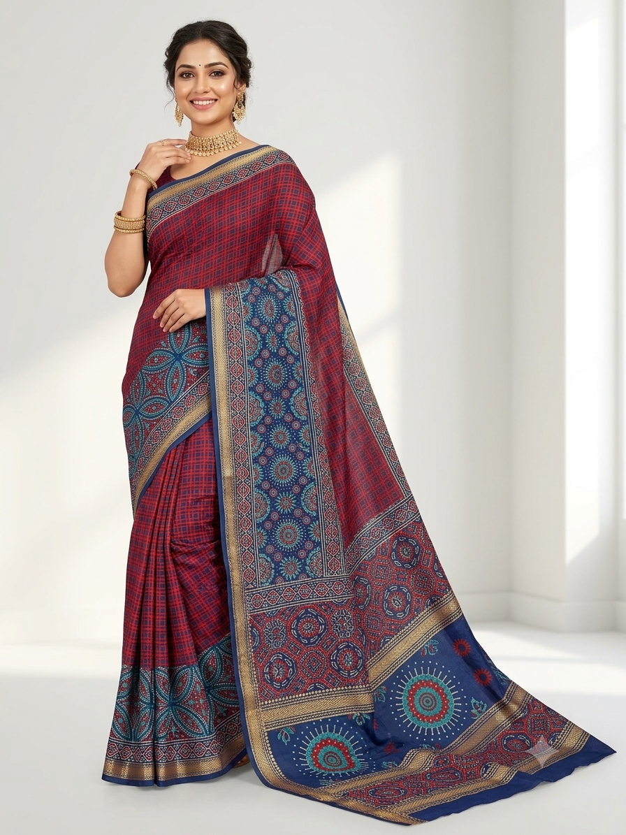 Indigo Maheshwari Handblock Printed Cotton Silk Saree