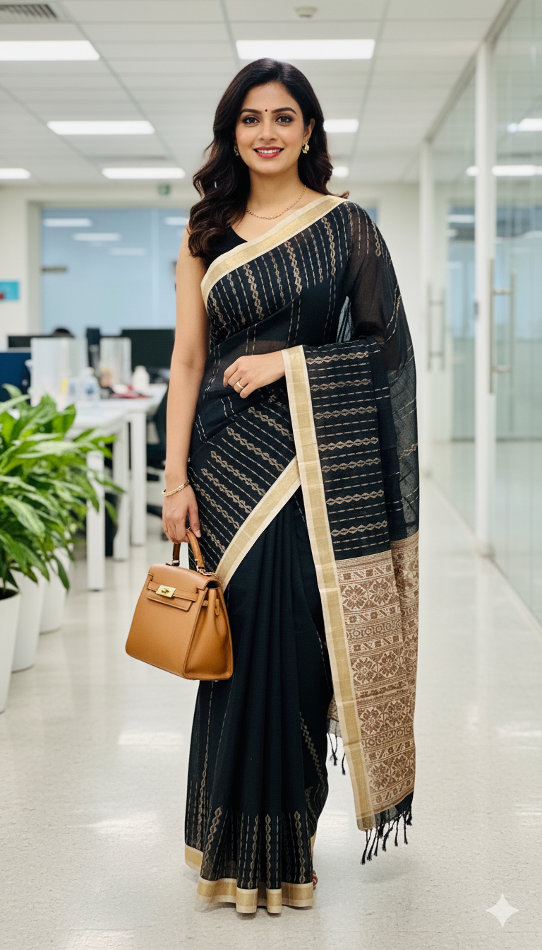 Black and beige cotton silk saree