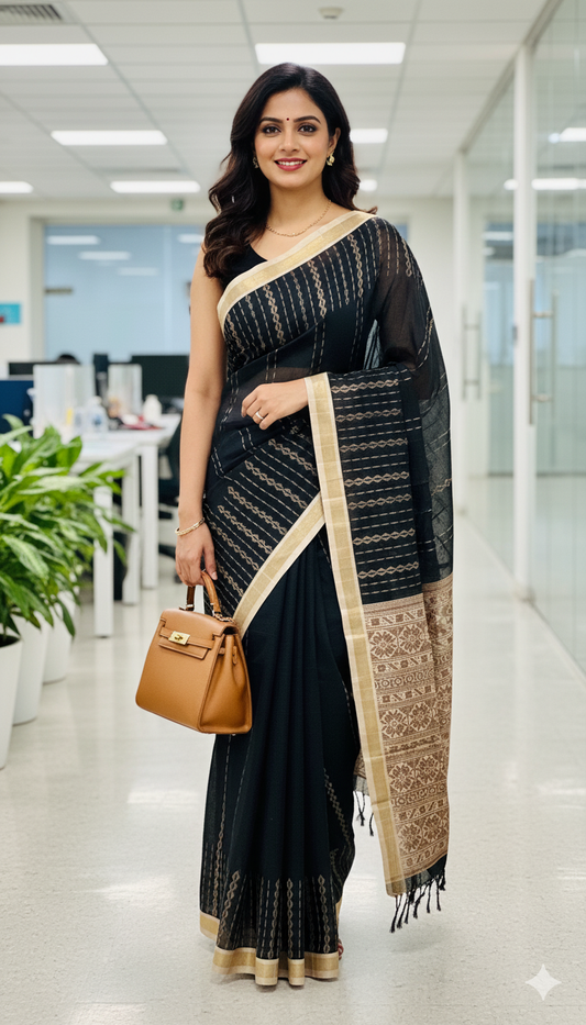 Black and beige cotton silk saree