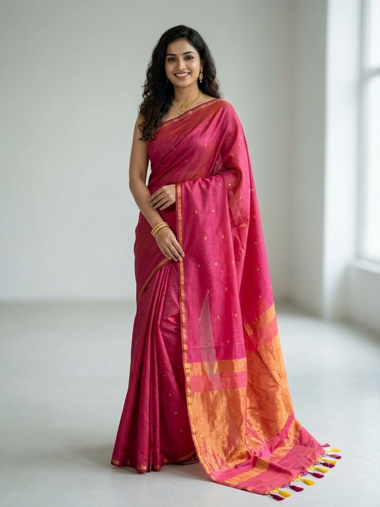 Maheshwari Red Handloom Cotton Silk Saree
