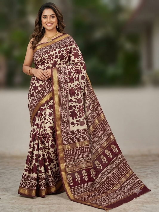 Brown Maheshwari Handblock Printed Cotton Silk Saree