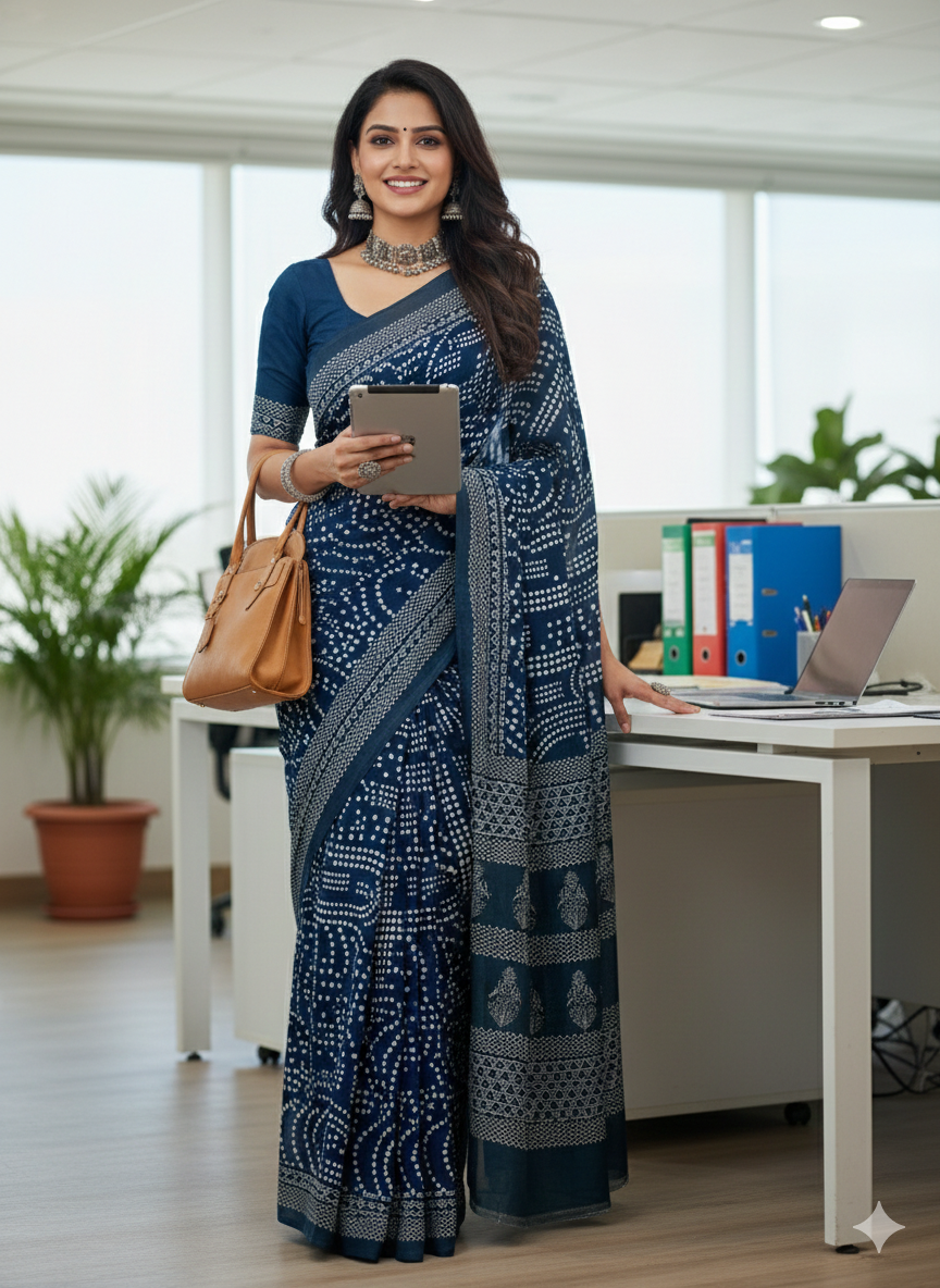 Indigo and white cotton printed saree