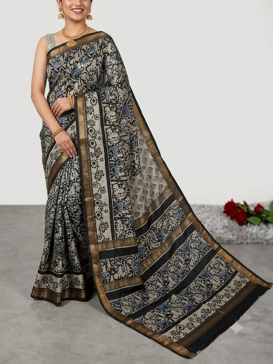 Indigo Maheshwari Handblock Printed Cotton Silk Saree