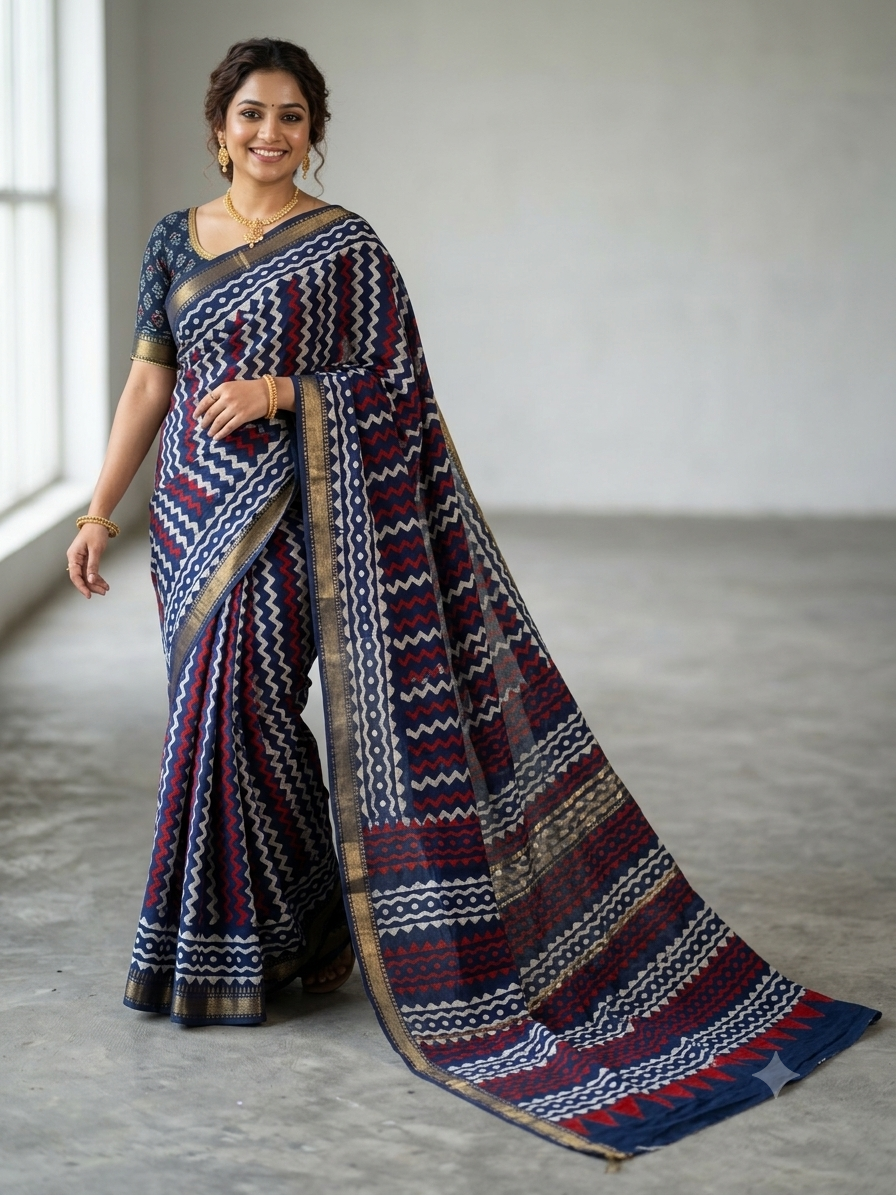 Indigo Beige zigzag Maheshwari Handblock Printed Cotton Silk Saree