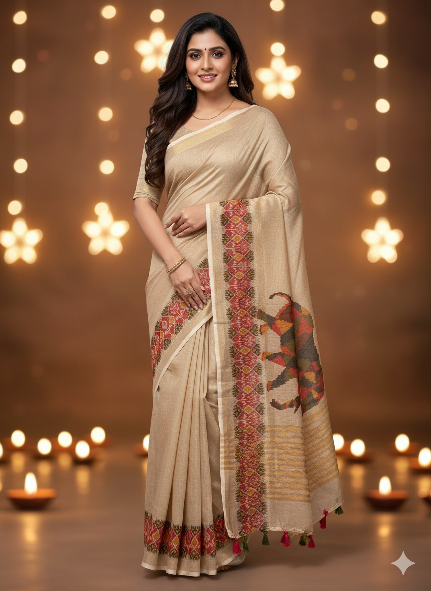 BEIGE ELEPHANT PRINT SAREE