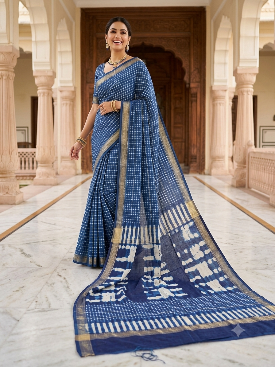 Indigo Maheshwari Handblock Printed Saree