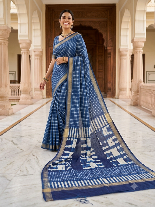 Indigo Maheshwari Handblock Printed Cotton Silk Saree