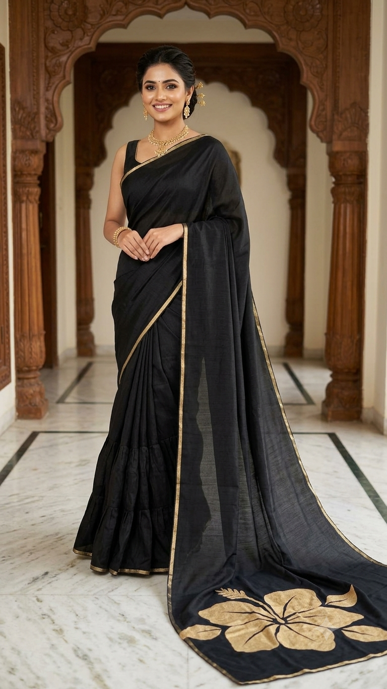Black  Mul Cotton Hand Painted Hibiscus Print Saree