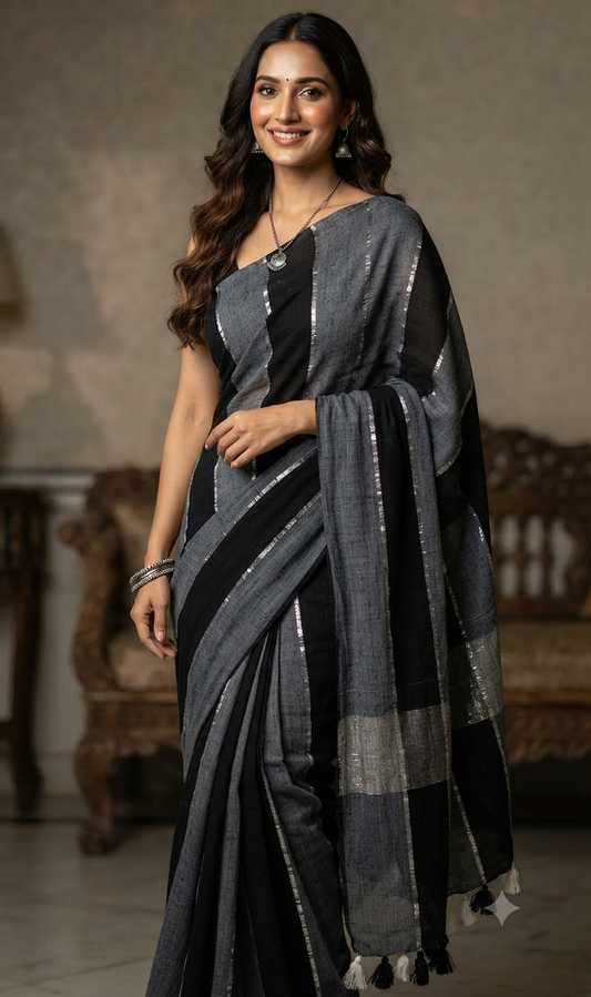 Black Rainbow Mul Cotton  Saree
