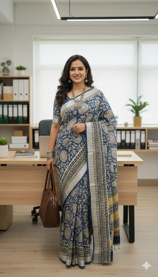 Indigo and beige floral print handblock printed linen saree