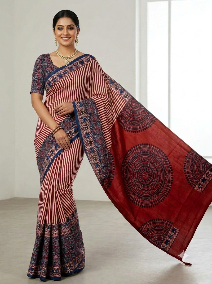 Beige and red stripe Modal Silk Saree