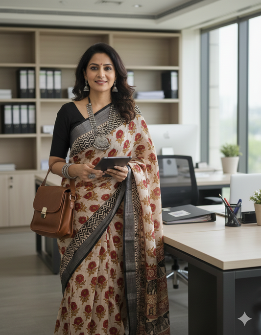 Beige and red floral print handblock printed linen saree