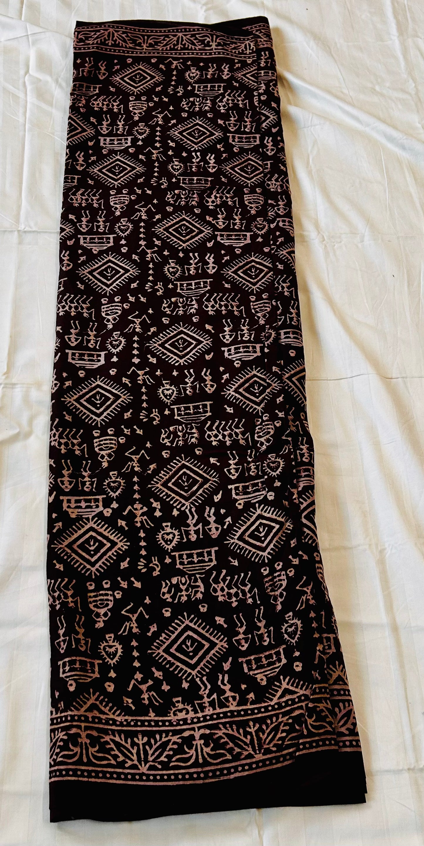 Brown and beige cotton hand block printed saree