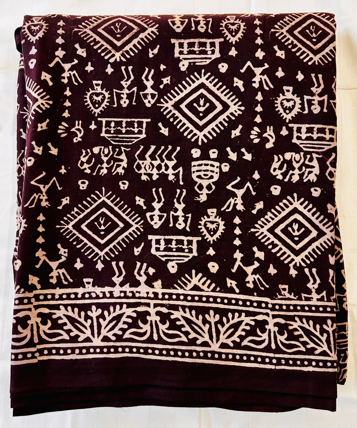Brown and beige cotton hand block printed saree