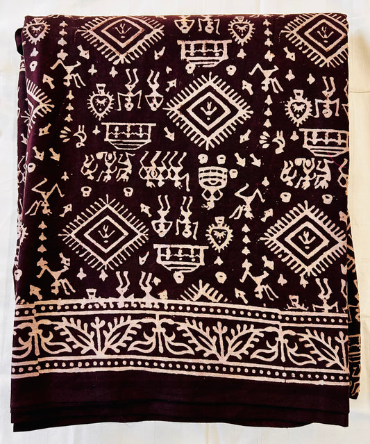 Brown and beige cotton hand block printed saree