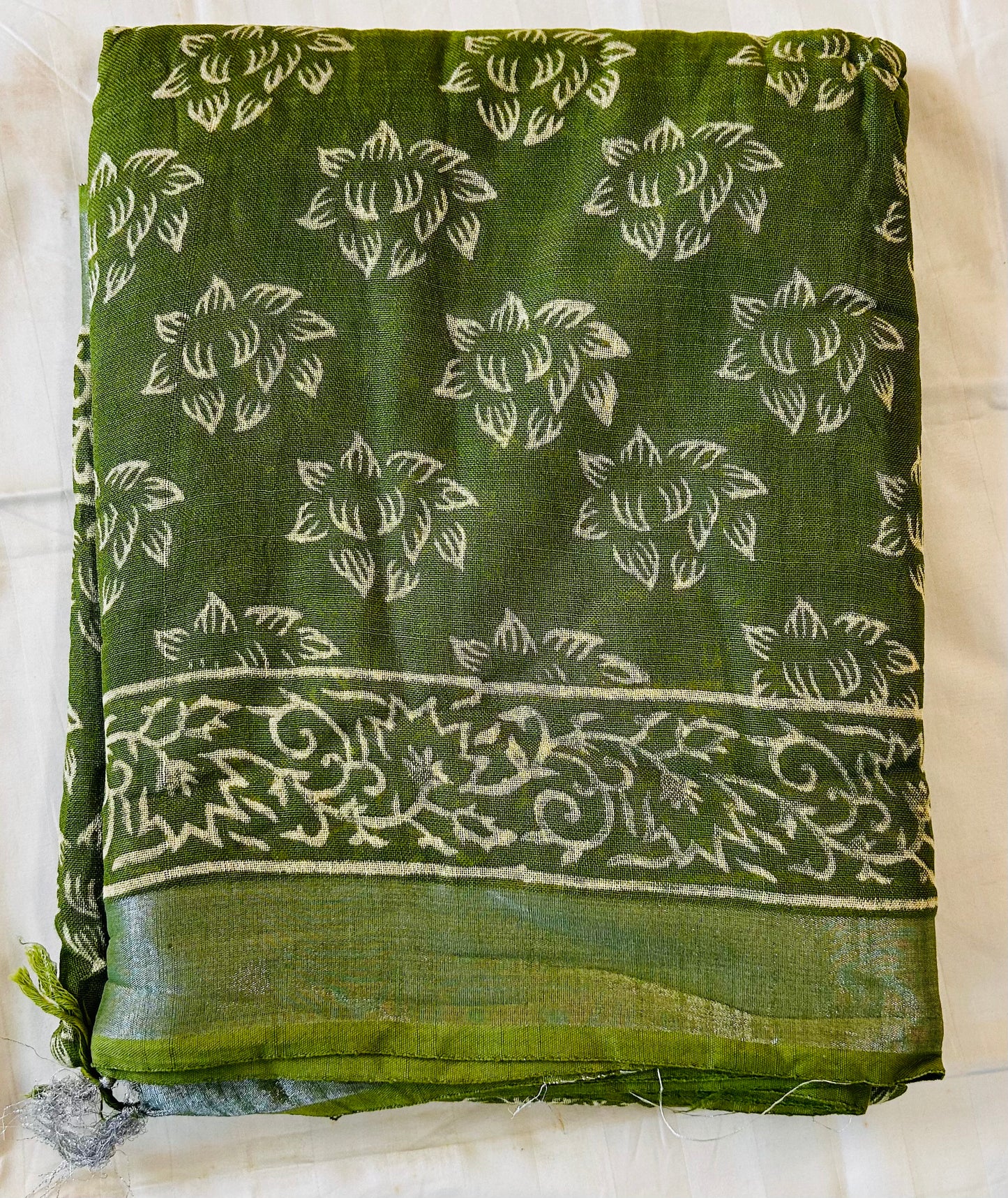 Green floral print handblock printed linen saree