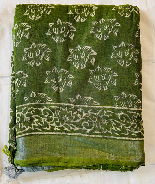 Green floral print handblock printed linen saree