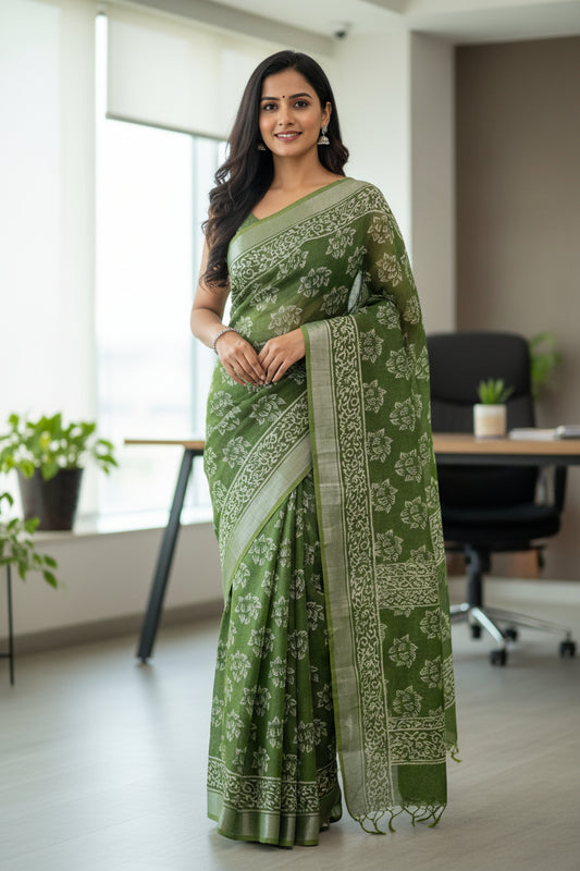 Green floral print handblock printed linen saree
