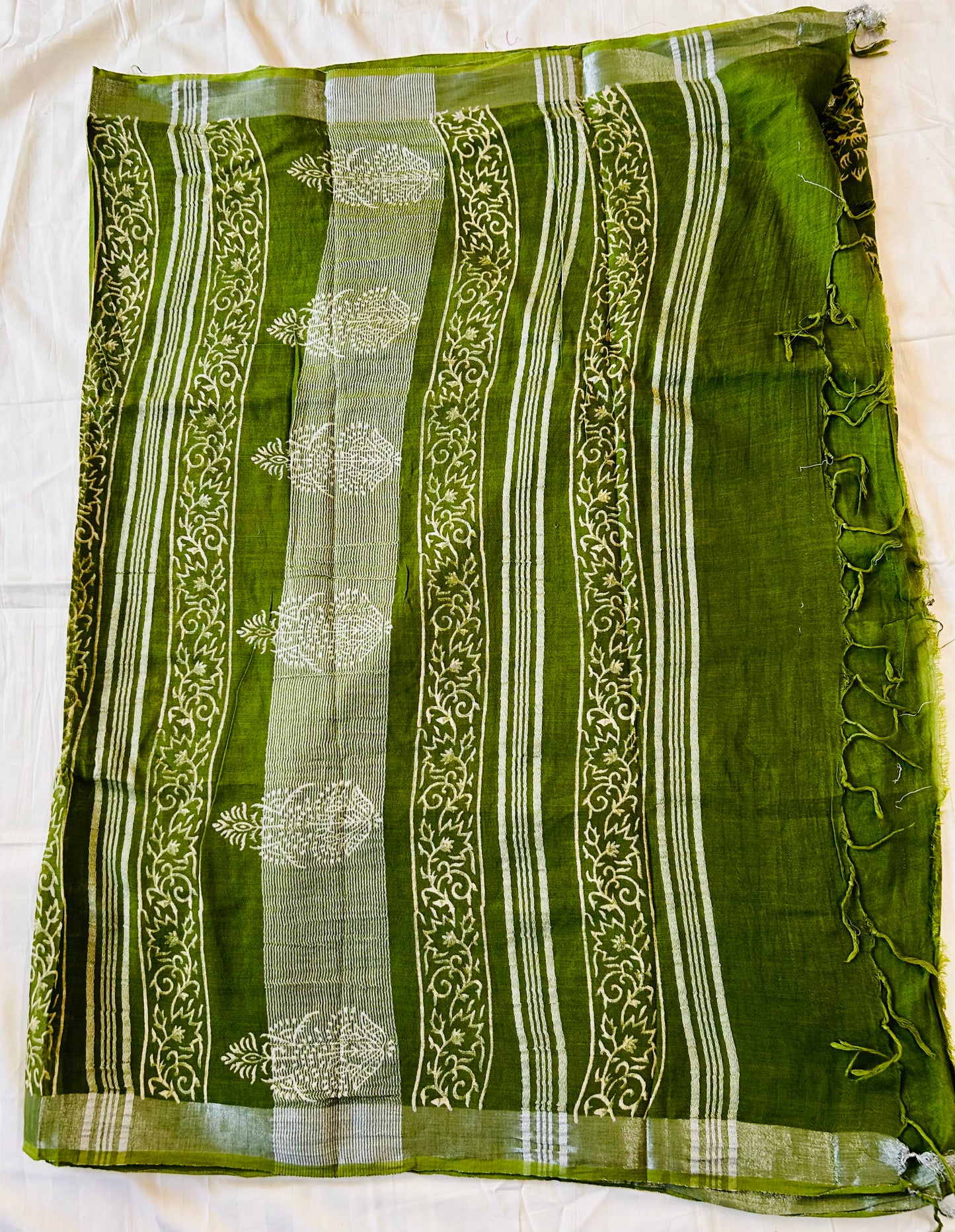 Green floral print handblock printed linen saree