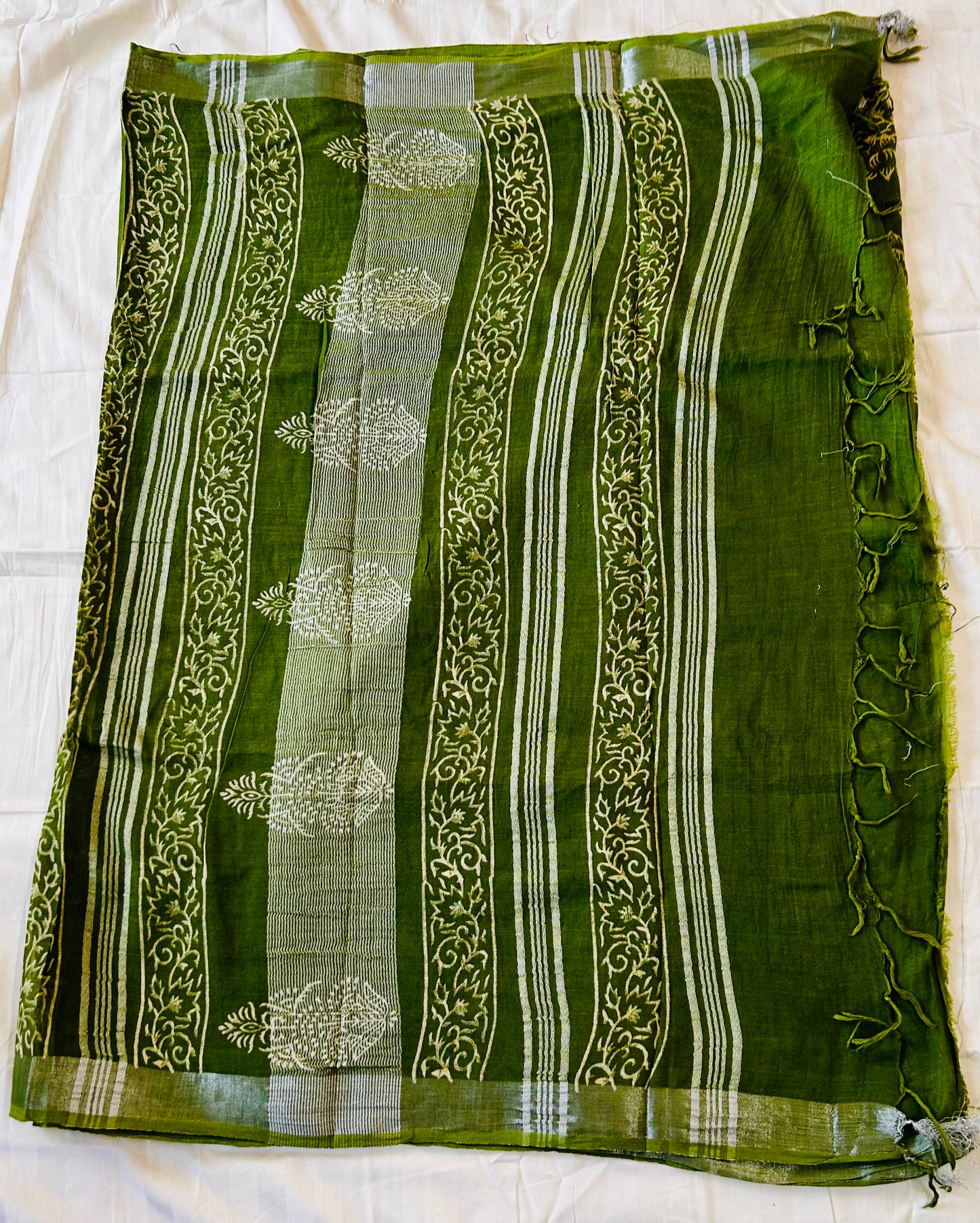 Green floral print handblock printed linen saree