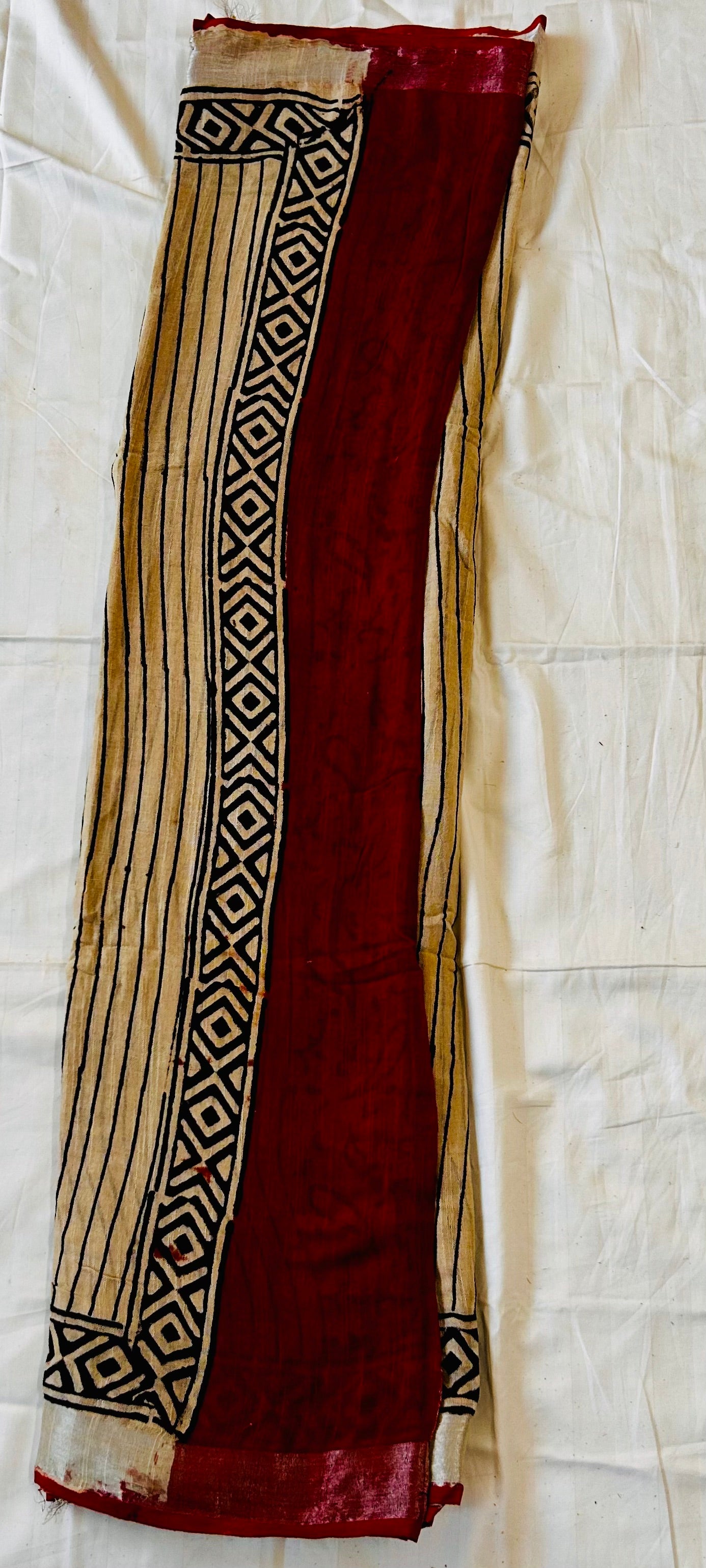 Beige with black and brick red handblock printed linen saree