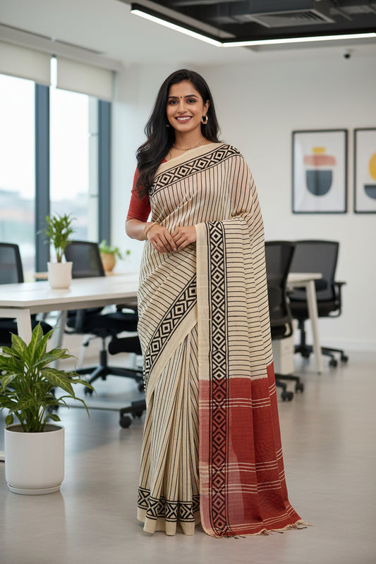 Beige with black and brick red handblock printed linen saree