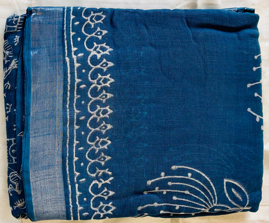 Blue handblock printed with white flowers linen saree