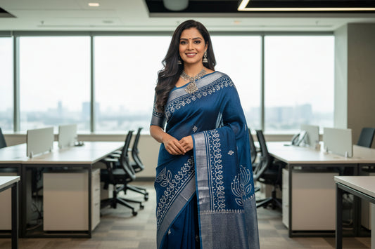 Blue handblock printed with white flowers linen saree